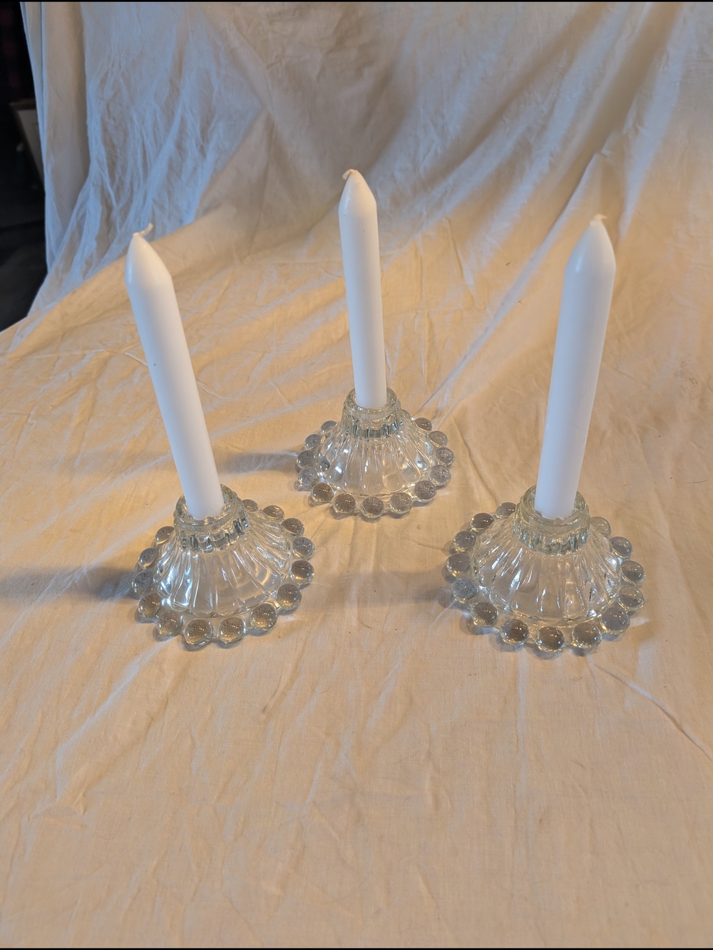 2/30$ Vintage Clear Glass Scalloped Candle Holders with White Taper Candles